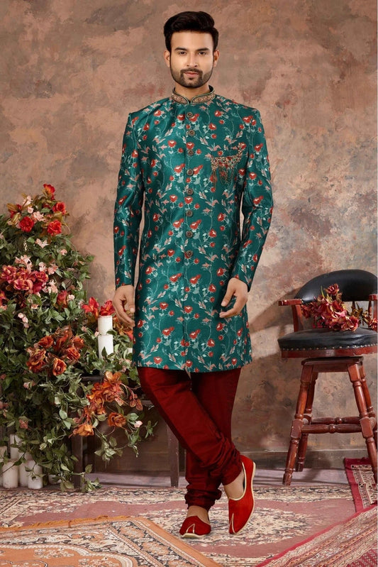 Green Colour Jacquard Digital Print Sherwani SH1040320