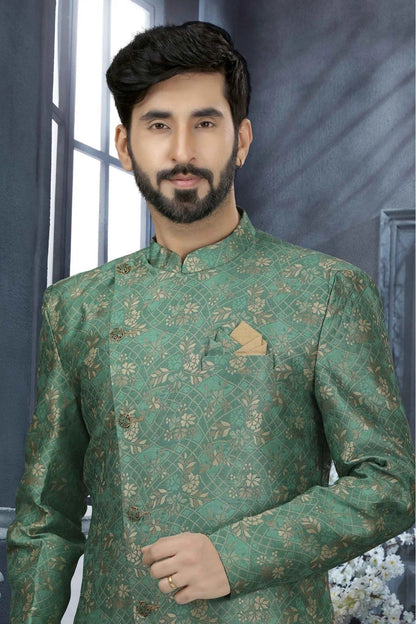 Green Colour Jacquard Digital Print Sherwani SH1040329 A