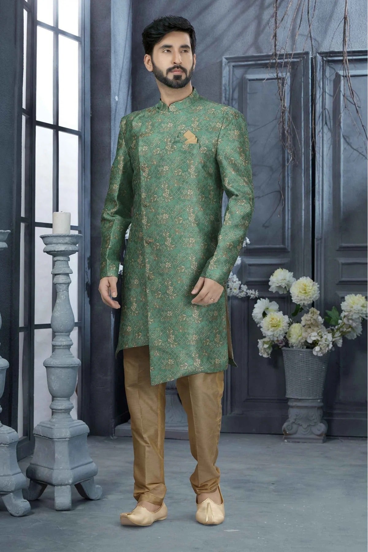 Green Colour Jacquard Digital Print Sherwani SH1040329