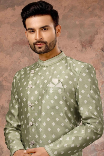 Green Colour Jacquard Digital Print Sherwani SH1040332 A