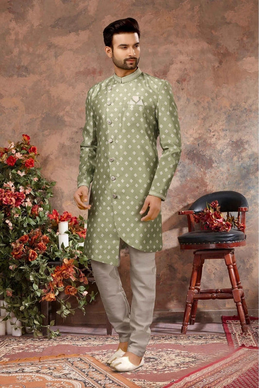 Green Colour Jacquard Digital Print Sherwani SH1040332
