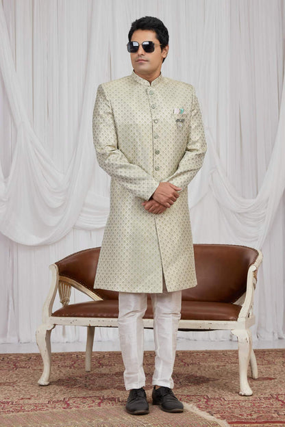 Green Colour Jacquard Embroidery Work Indo Western Sherwani SH1230598