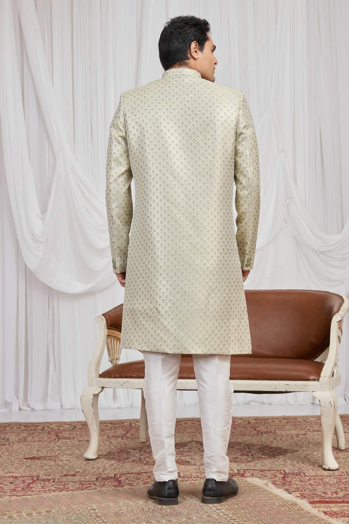 Green Colour Jacquard Embroidery Work Indo Western Sherwani SH1230598