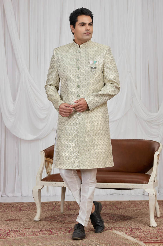 Green Colour Jacquard Embroidery Work Indo Western Sherwani SH1230598