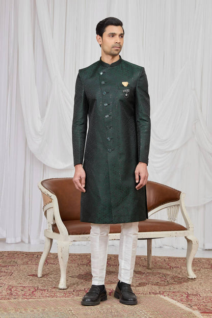 Green Colour Jacquard Embroidery Work Indo Western Sherwani SH1230601