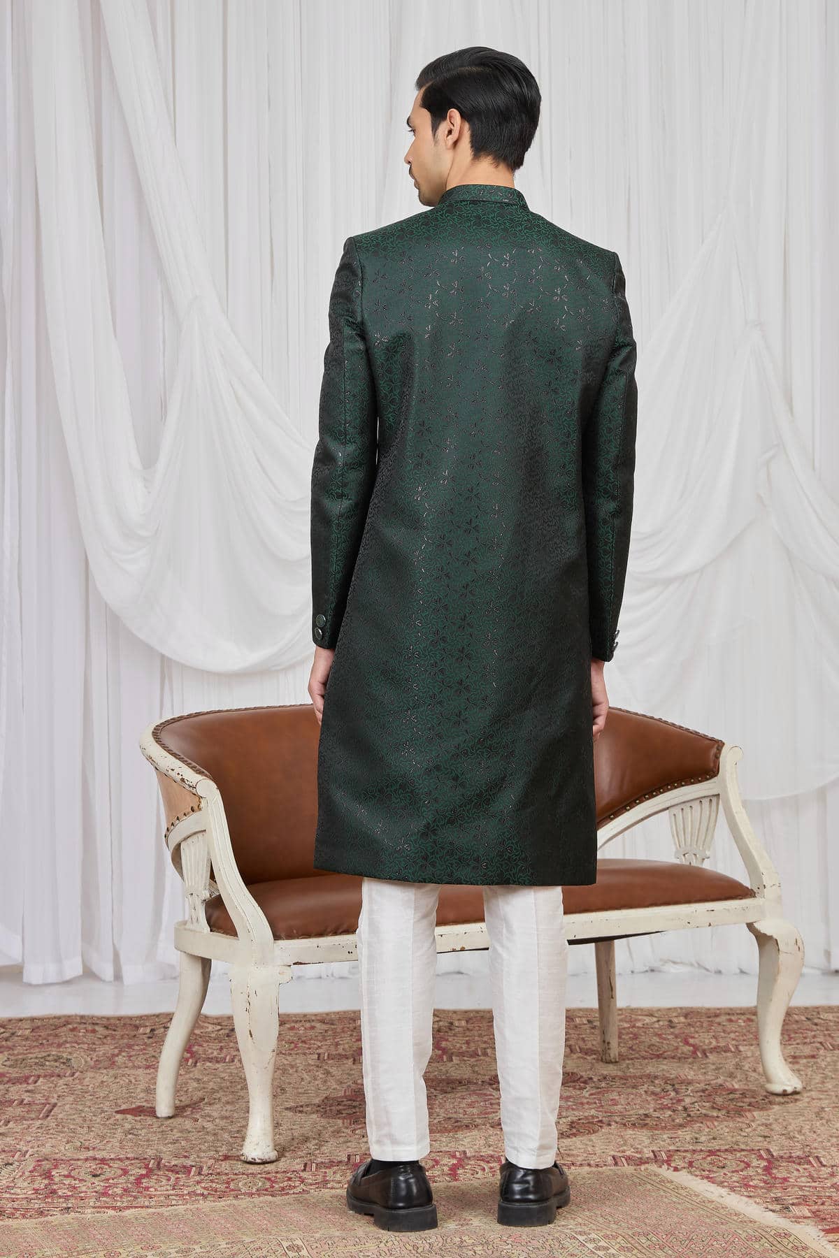 Green Colour Jacquard Embroidery Work Indo Western Sherwani SH1230601