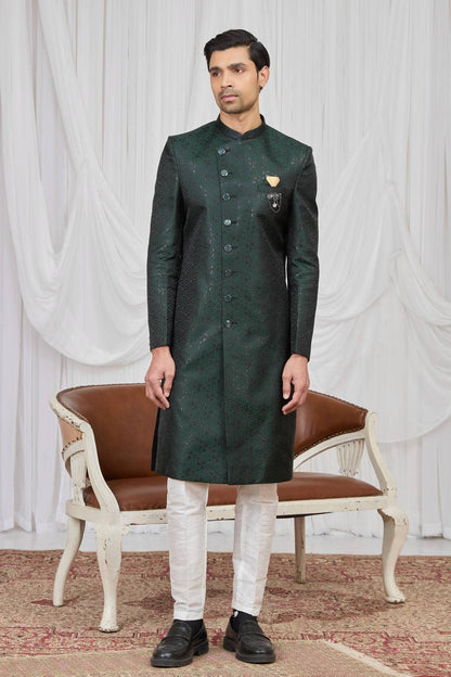 Green Colour Jacquard Embroidery Work Indo Western Sherwani SH1230601