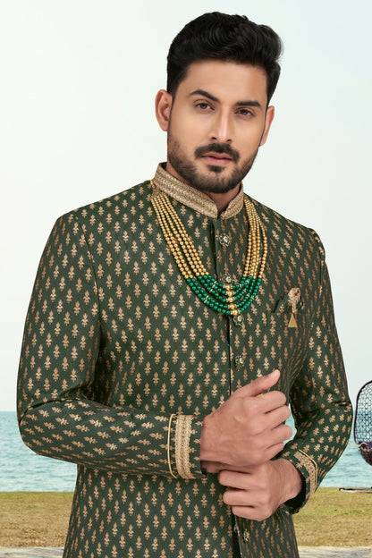Green Colour Jacquard Indo Western Sherwani SH1040507 A