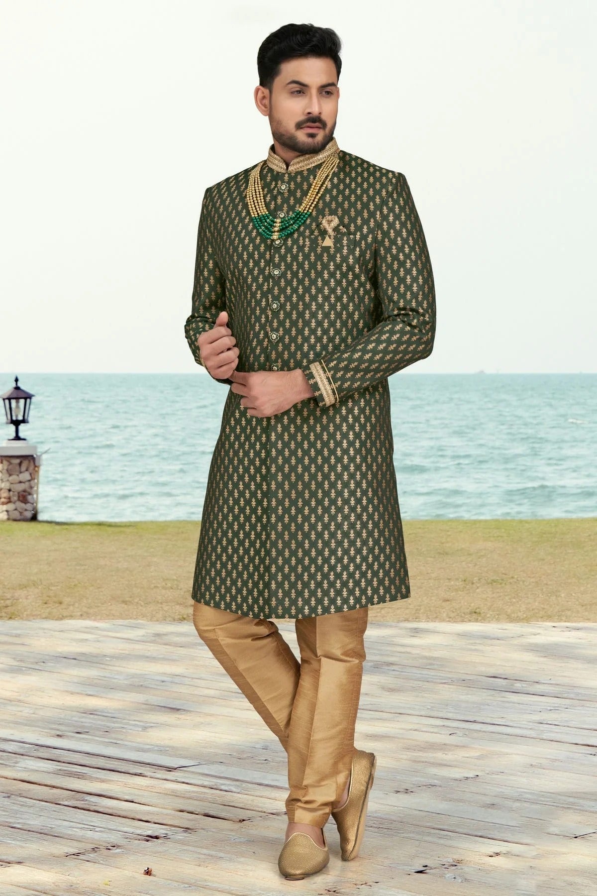 Green Colour Jacquard Indo Western Sherwani SH1040507