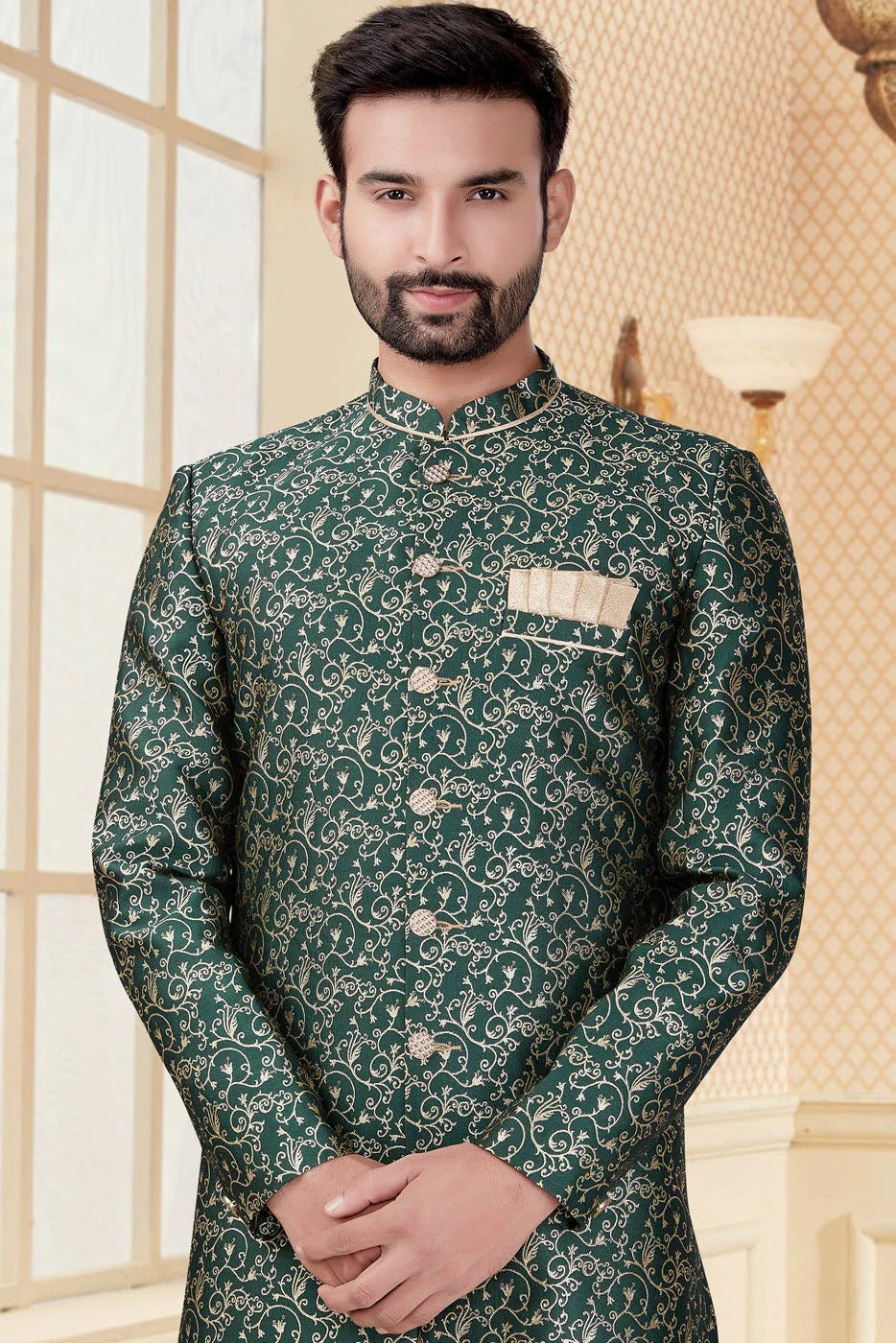 Green Colour Jacquard Sherwani SH1040254 A