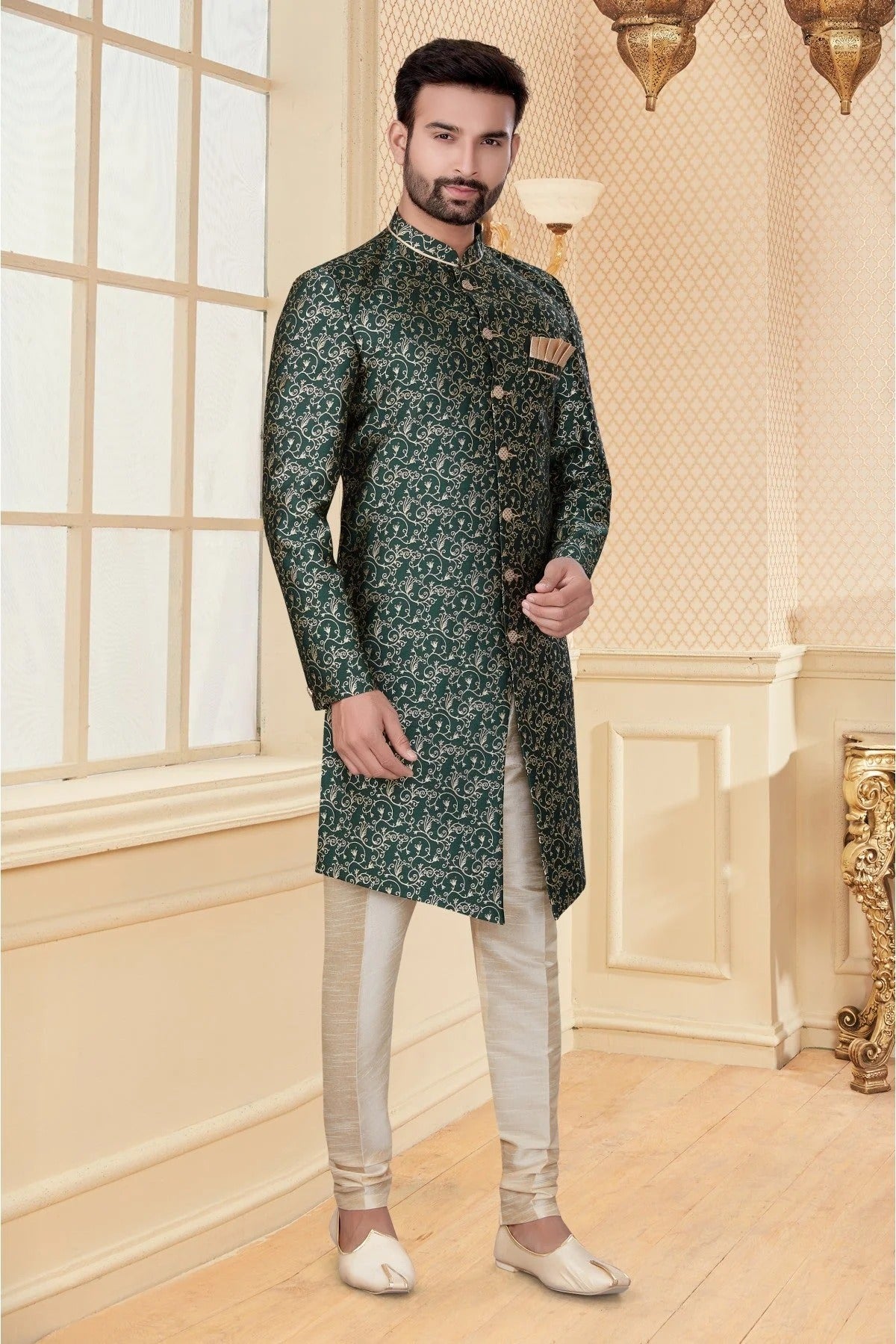 Green Colour Jacquard Sherwani SH1040254