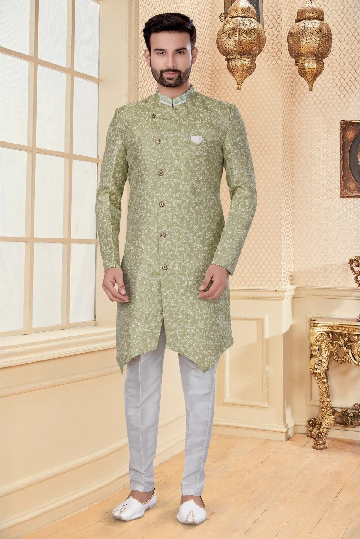 Green Colour Jacquard Sherwani SH1040263