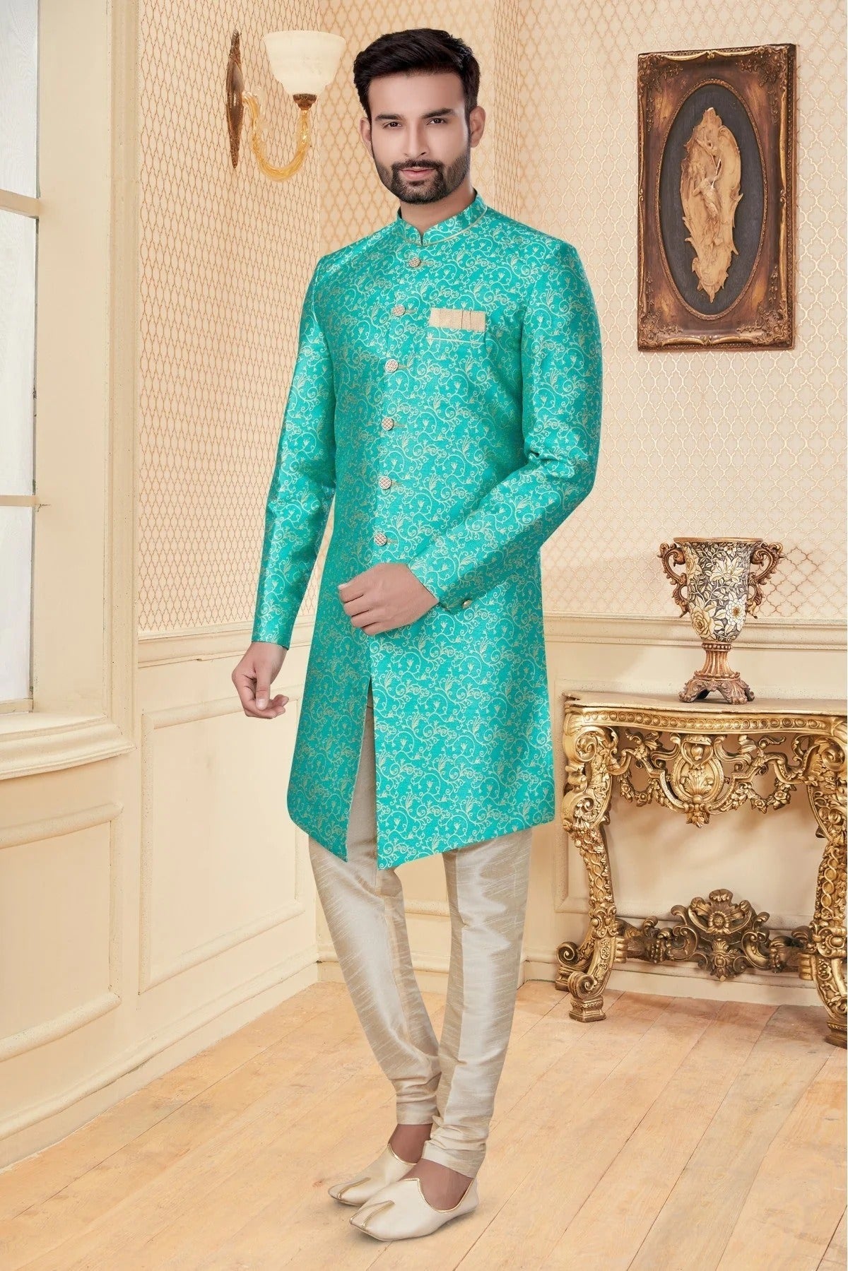 Green Colour Jacquard Sherwani SH1040268