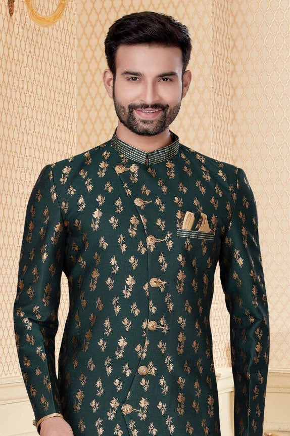 Green Colour Jacquard Sherwani SH1040270 A