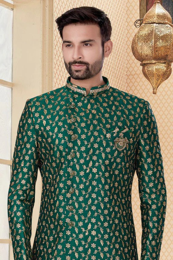 Green Colour Jacquard Sherwani SH1040276 A