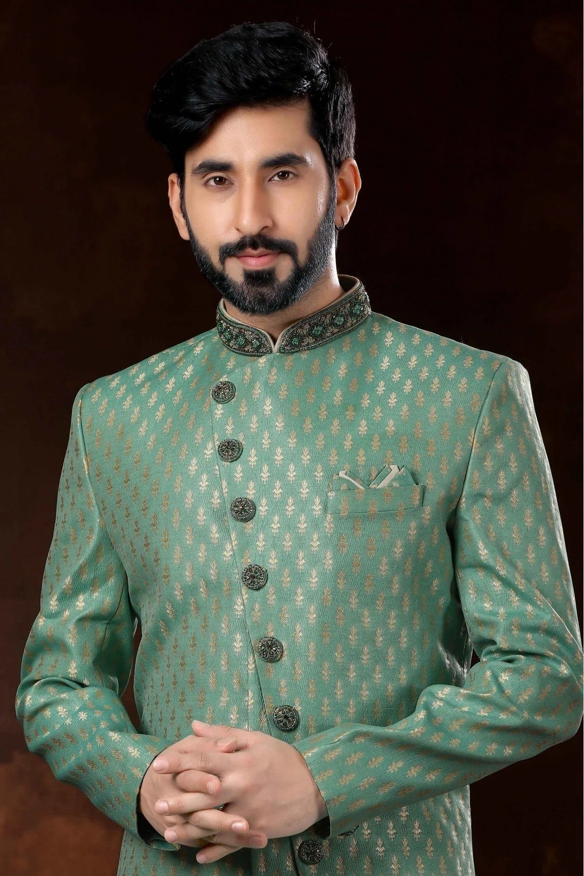 Green Colour Jacquard Sherwani SH1040365 A