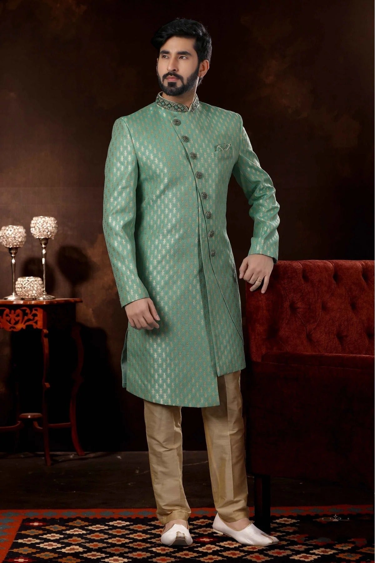 Green Colour Jacquard Sherwani SH1040365