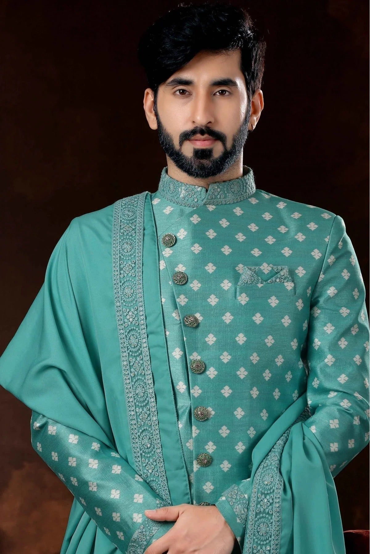Green Colour Jacquard Sherwani SH1040374 A