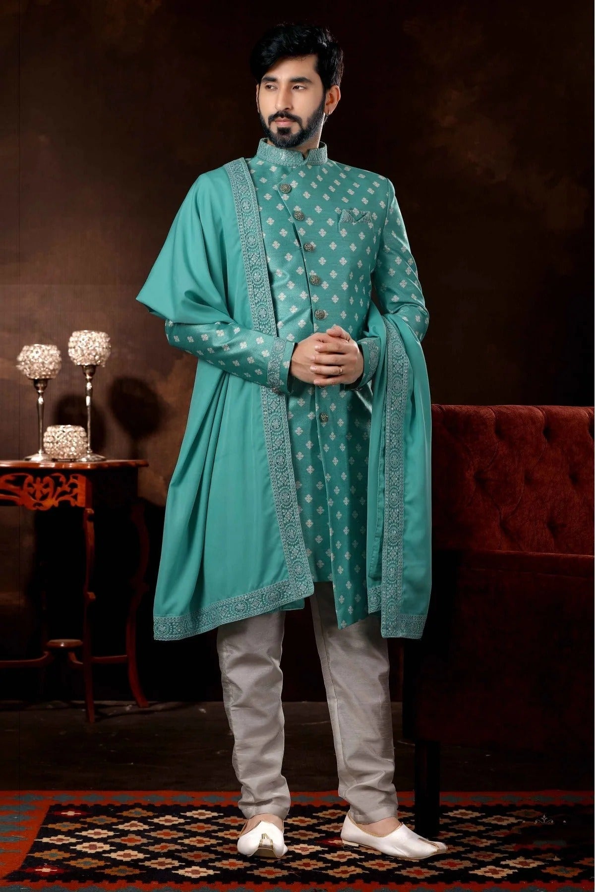 Green Colour Jacquard Sherwani SH1040374