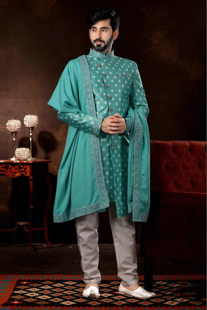 Green Colour Jacquard Sherwani SH1040374
