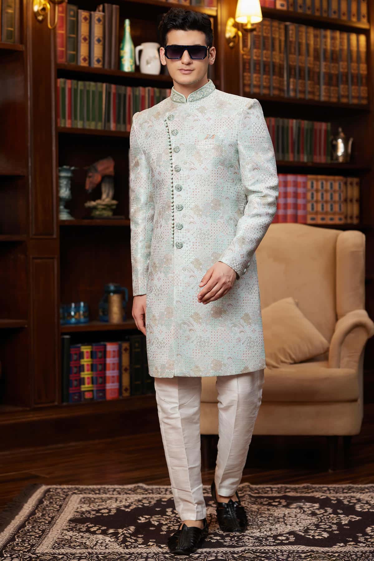 Green Colour Jacquard Silk Embroidery Work Indo Western