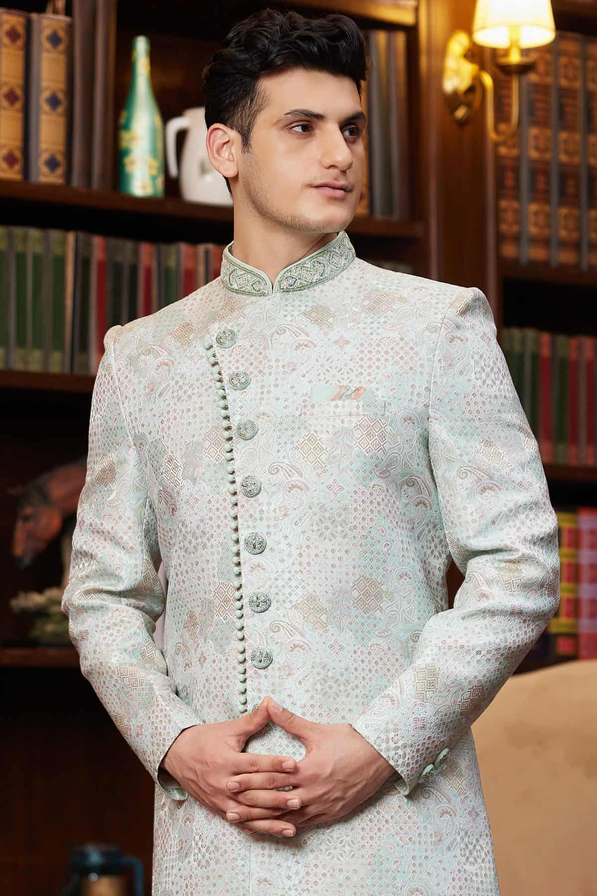 Green Colour Jacquard Silk Embroidery Work Indo Western