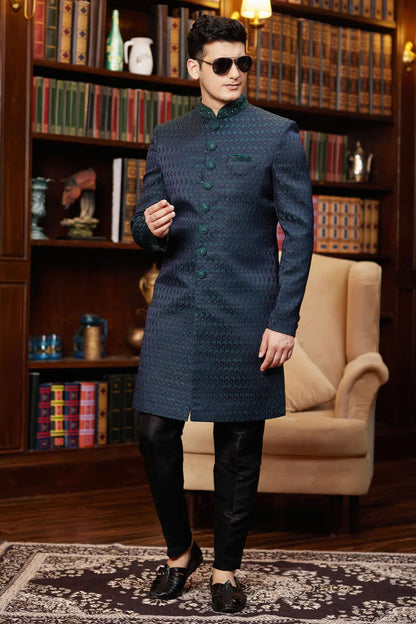 Green Colour Jacquard Silk Embroidery Work Indo Western