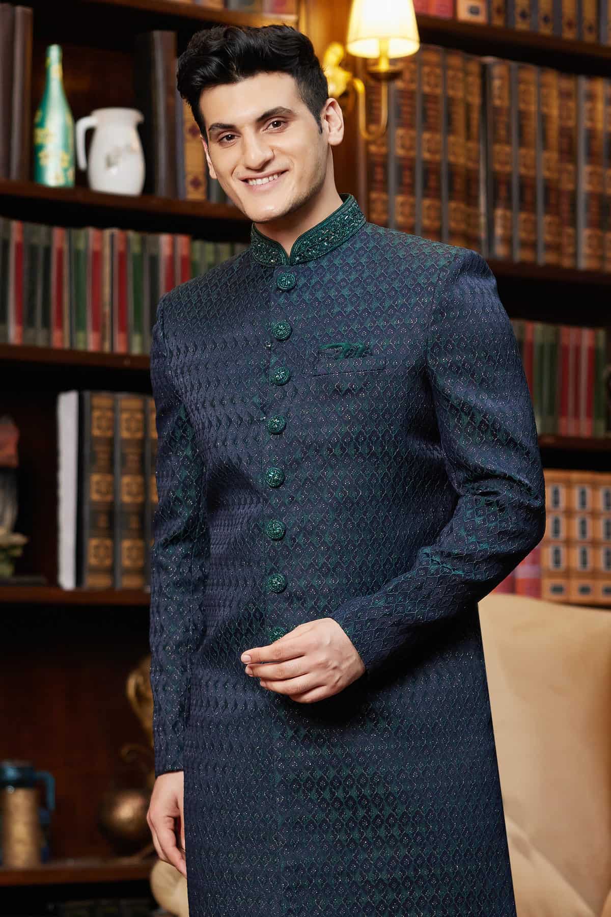 Green Colour Jacquard Silk Embroidery Work Indo Western