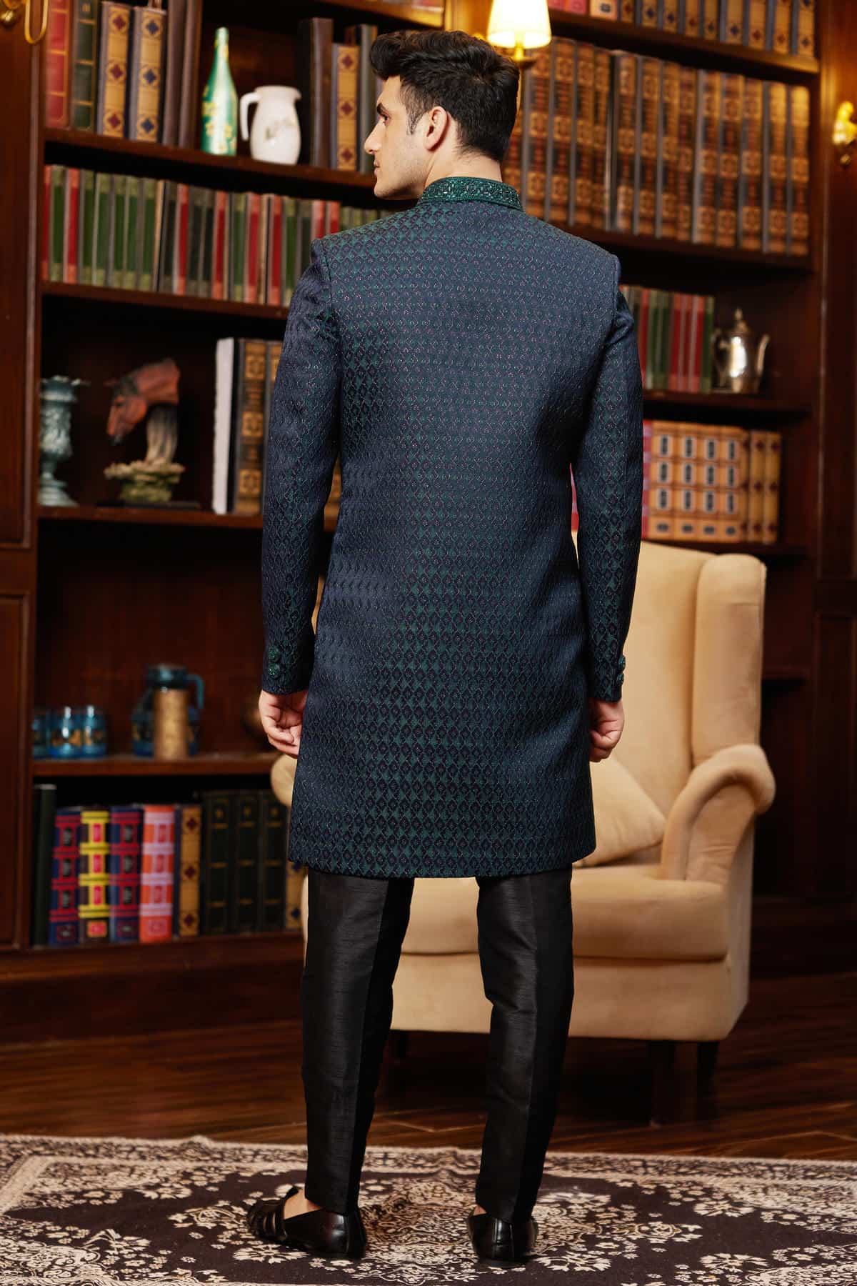 Green Colour Jacquard Silk Embroidery Work Indo Western