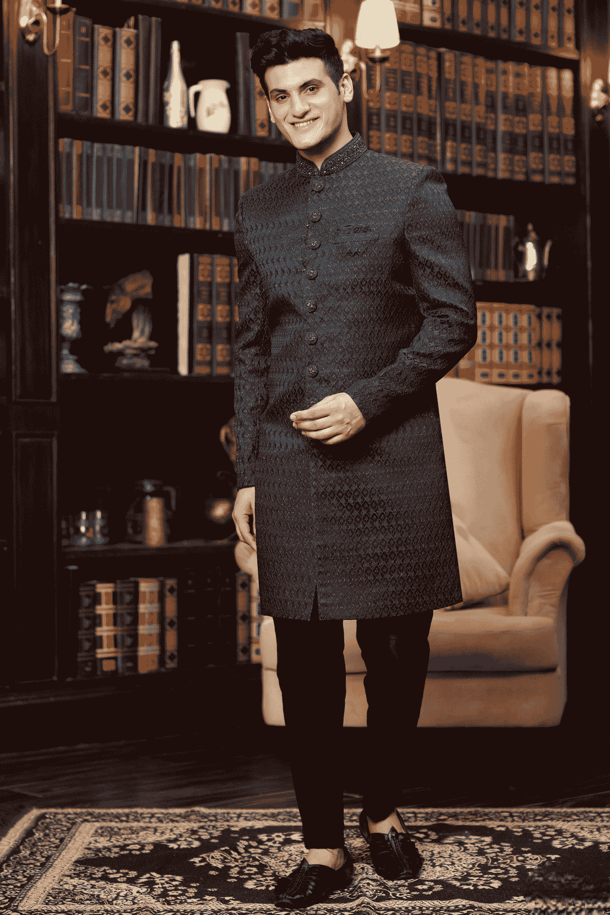 Green Colour Jacquard Silk Embroidery Work Indo Western