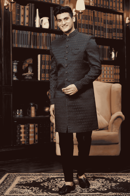 Green Colour Jacquard Silk Embroidery Work Indo Western