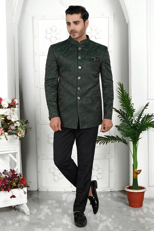 Green Colour Jacquard Silk Jodhpuri Jacket JP1230118