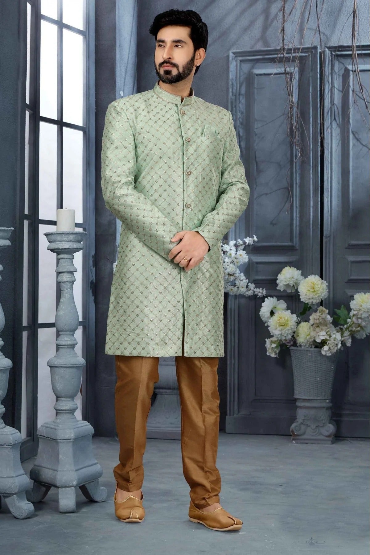 Green Colour Jacquard Thread Work Sherwani SH1040321