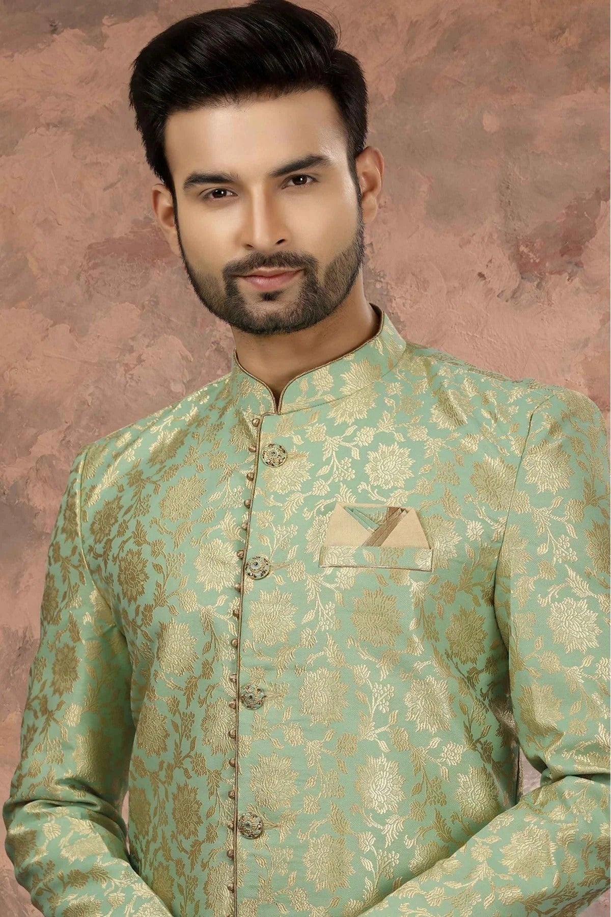 Green Colour Jacquard Thread Work Sherwani SH1040355 A
