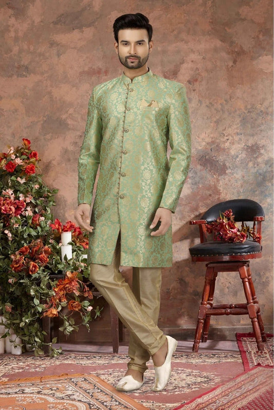Green Colour Jacquard Thread Work Sherwani SH1040355