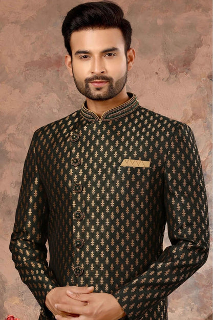 Green Colour Jacquard Woven Sherwani SH1040326 A