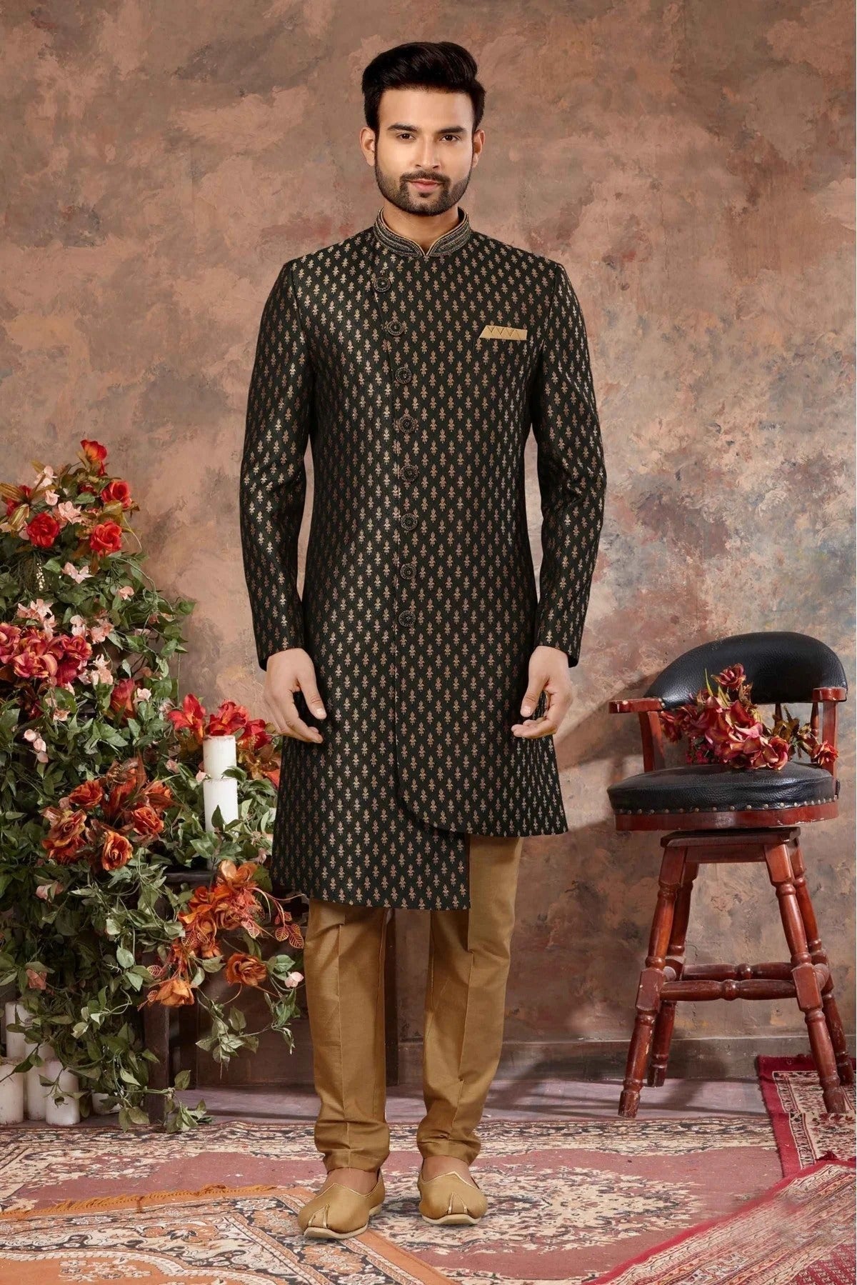 Green Colour Jacquard Woven Sherwani SH1040326