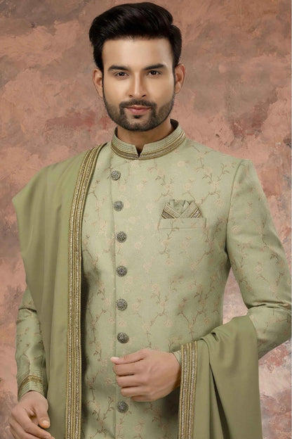 Green Colour Jacquard Zari Work Sherwani SH1040324 A