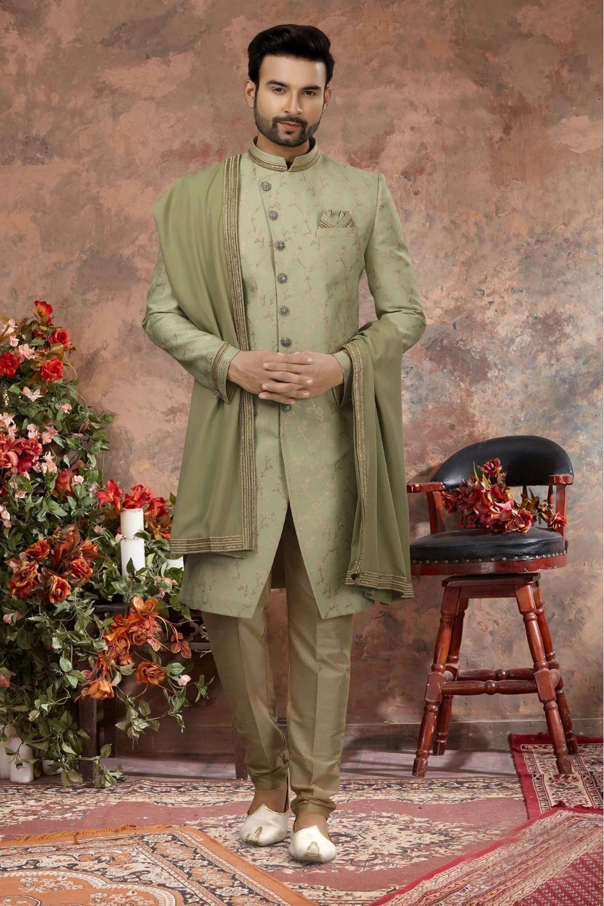 Green Colour Jacquard Zari Work Sherwani SH1040324