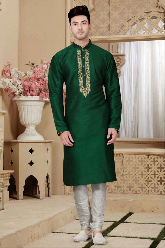Green Colour Kurta Pajama In Art Dhupion Fabric KP1040017