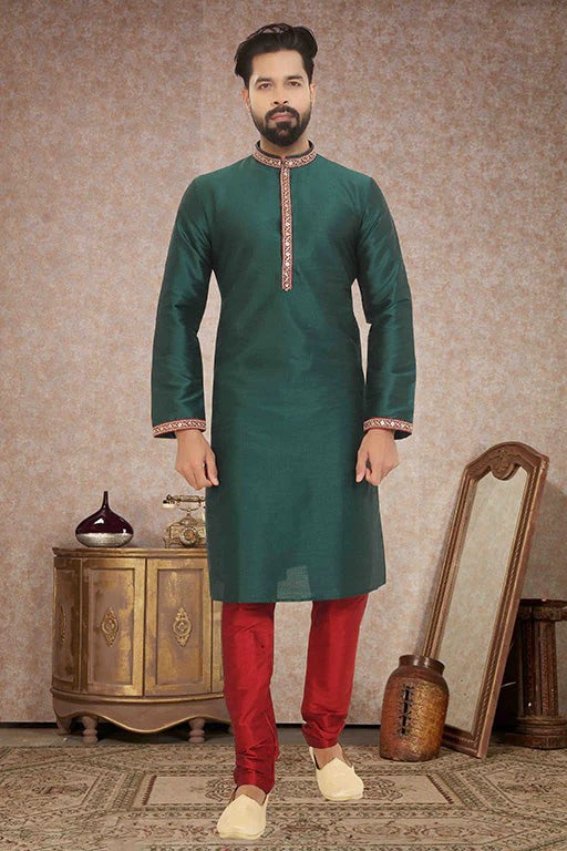 Green Colour Kurta Pajama In Dupion Silk KP1210140