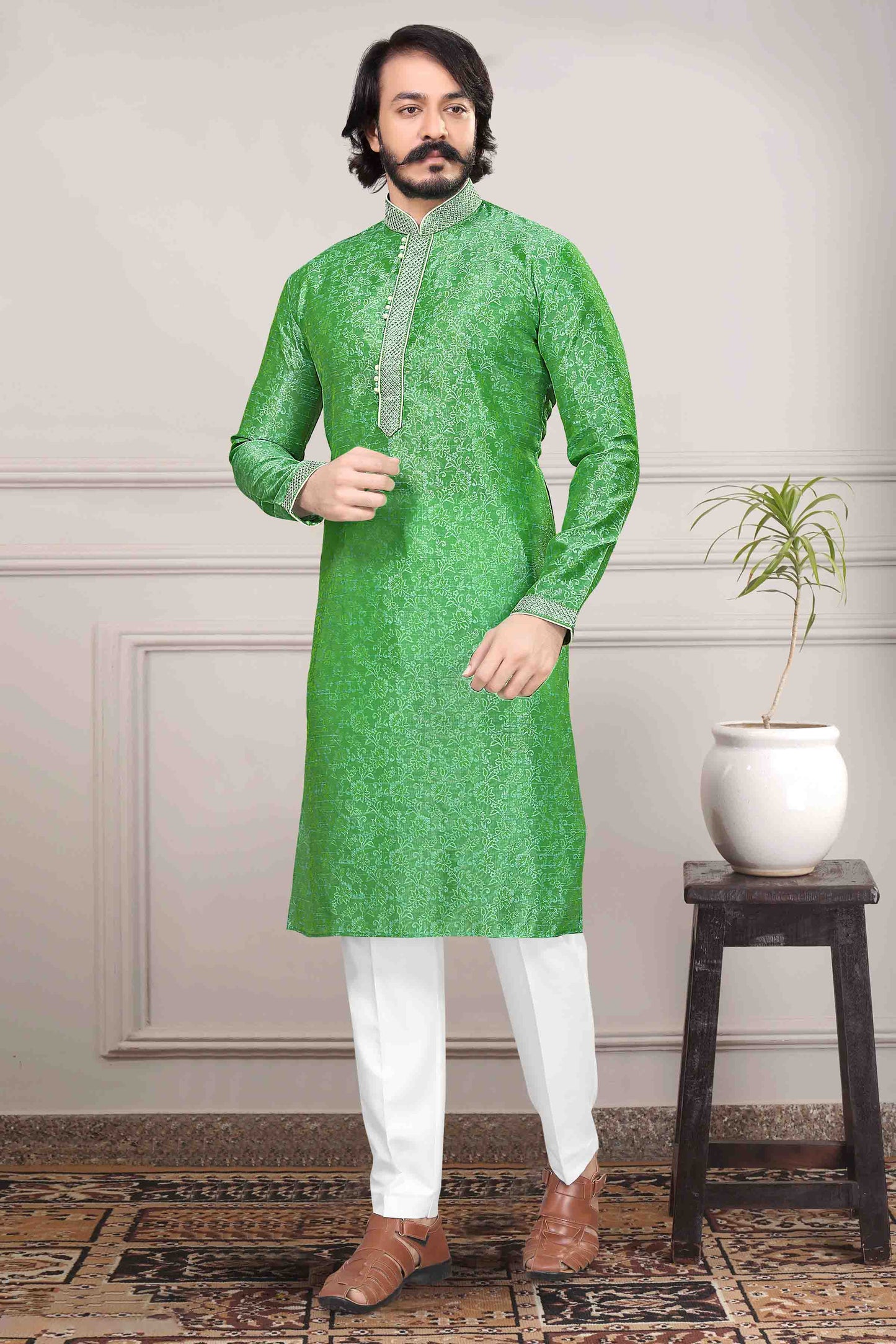 Green Colour Kurta Pajama In Jacquard Silk KP1210022