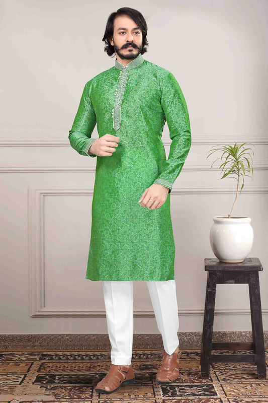 Green Colour Kurta Pajama In Jacquard Silk KP1210022