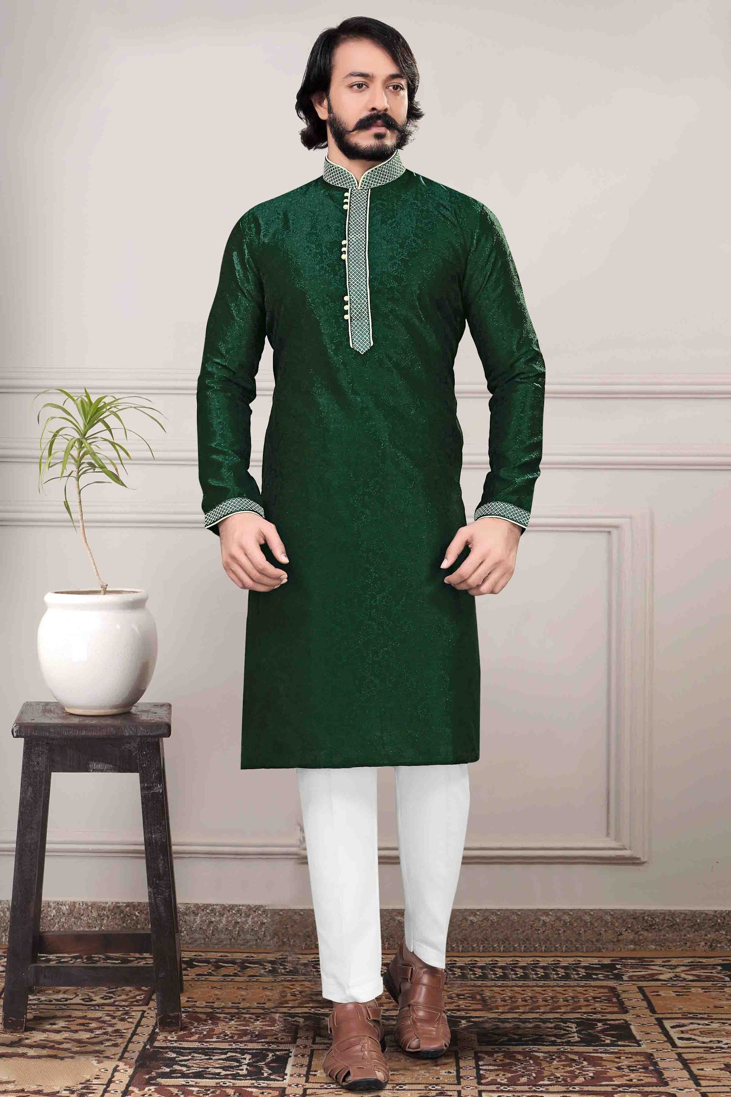 Green Colour Kurta Pajama In Jacquard Silk KP1210027