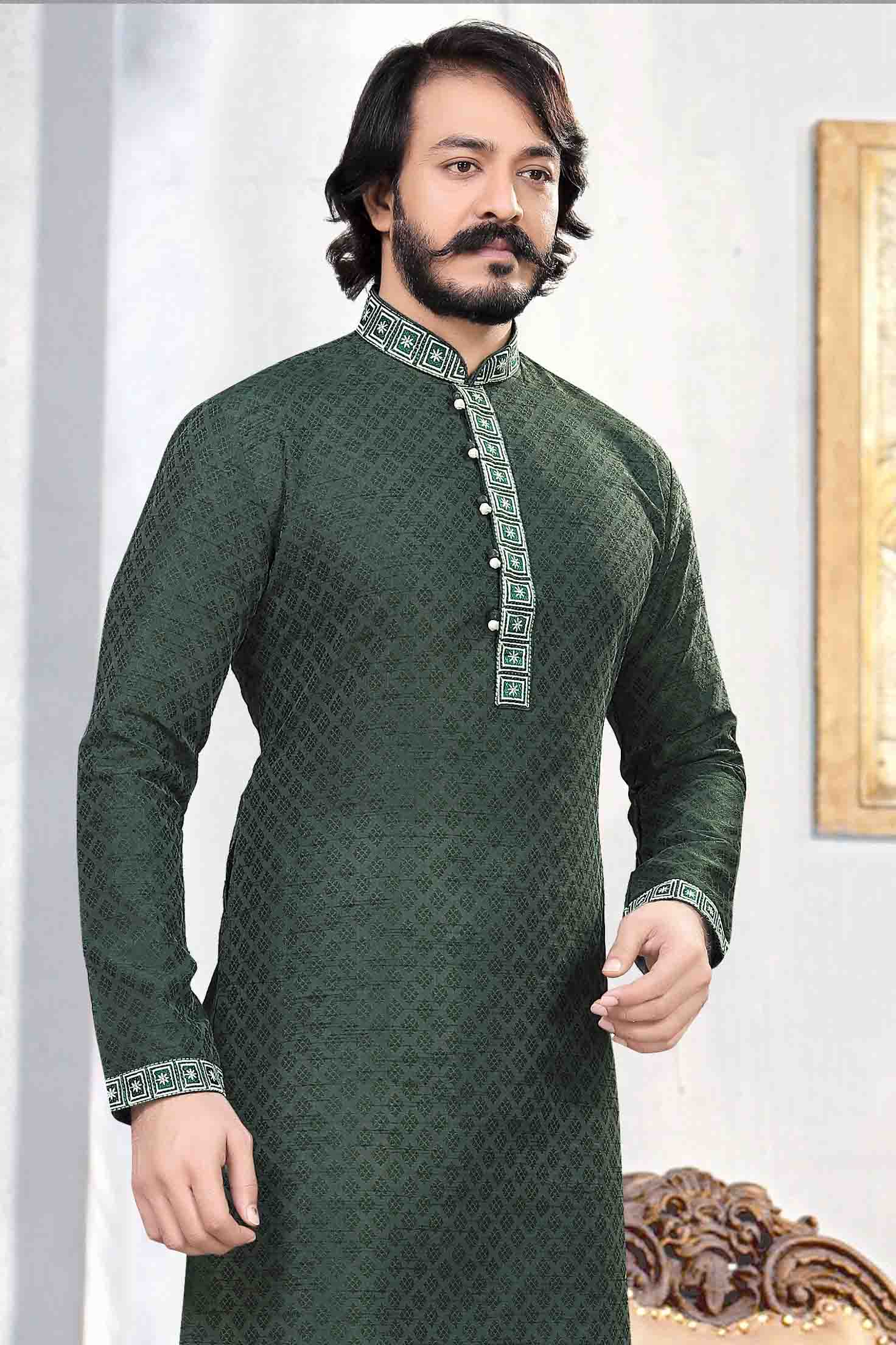 Green Colour Kurta Pajama In Jacquard Silk KP1210032 A