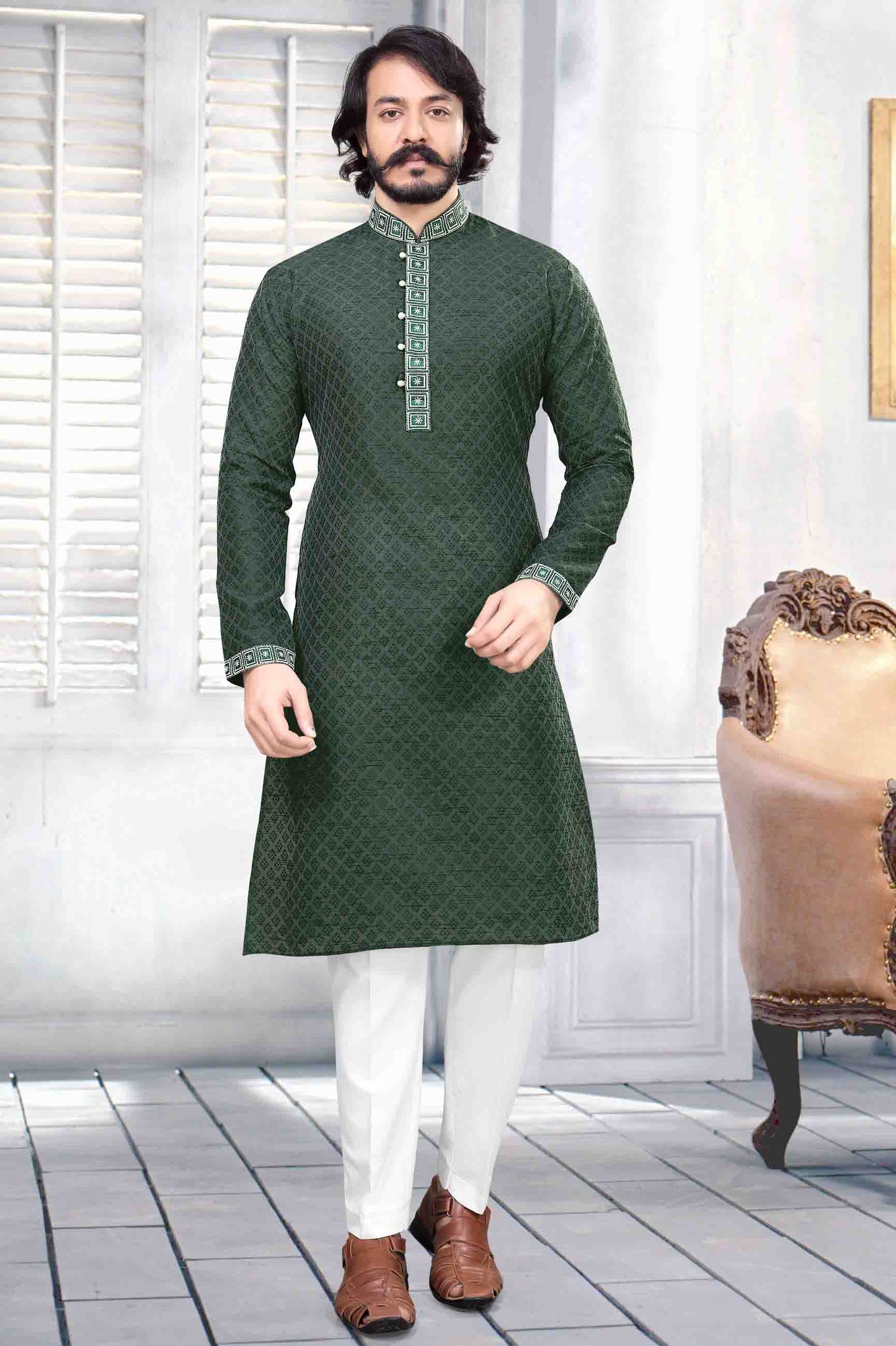 Green Colour Kurta Pajama In Jacquard Silk KP1210032