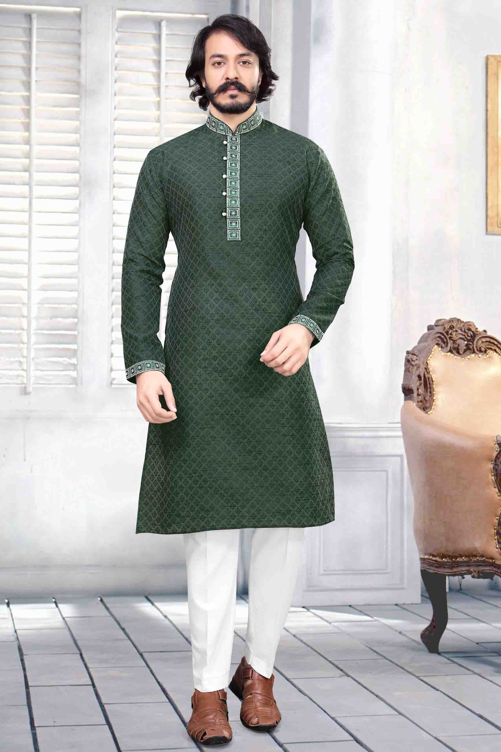 Green Colour Kurta Pajama In Jacquard Silk KP1210032