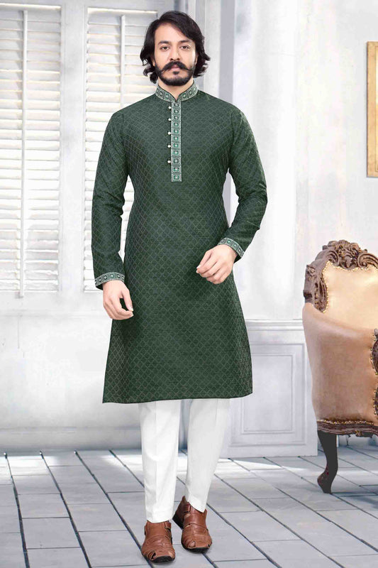 Green Colour Kurta Pajama In Jacquard Silk KP1210032