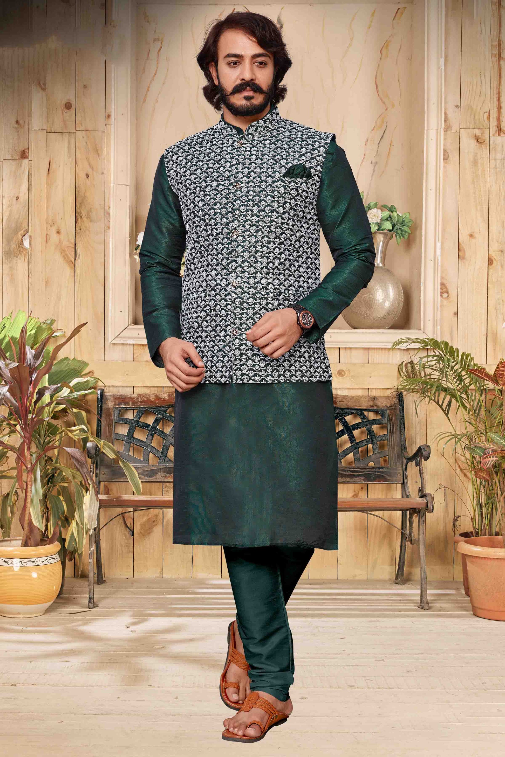 Green Colour Kurta Pajama With Jacket In Art Silk KP1210289