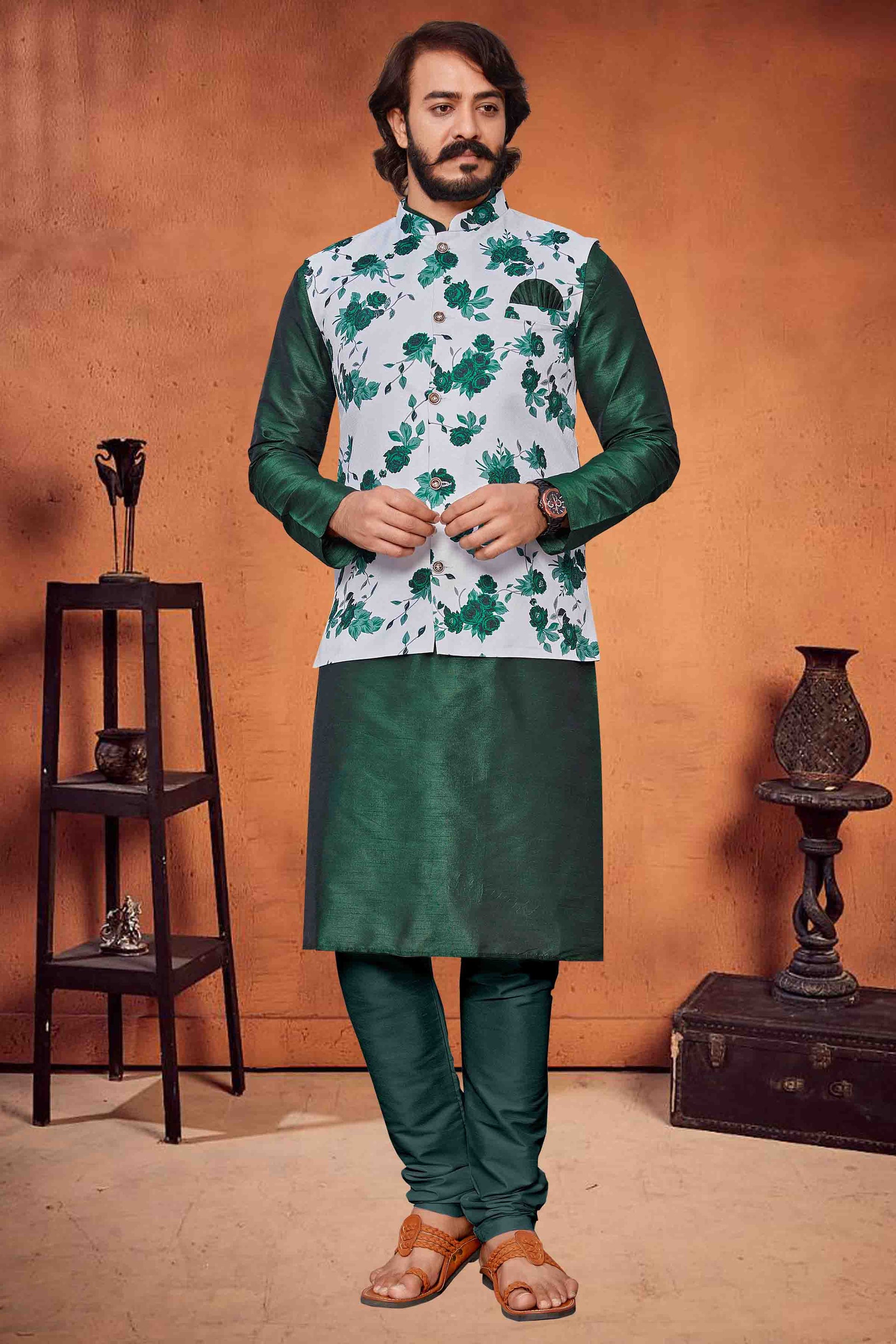 Green Colour Kurta Pajama With Jacket In Art Silk KP1210320